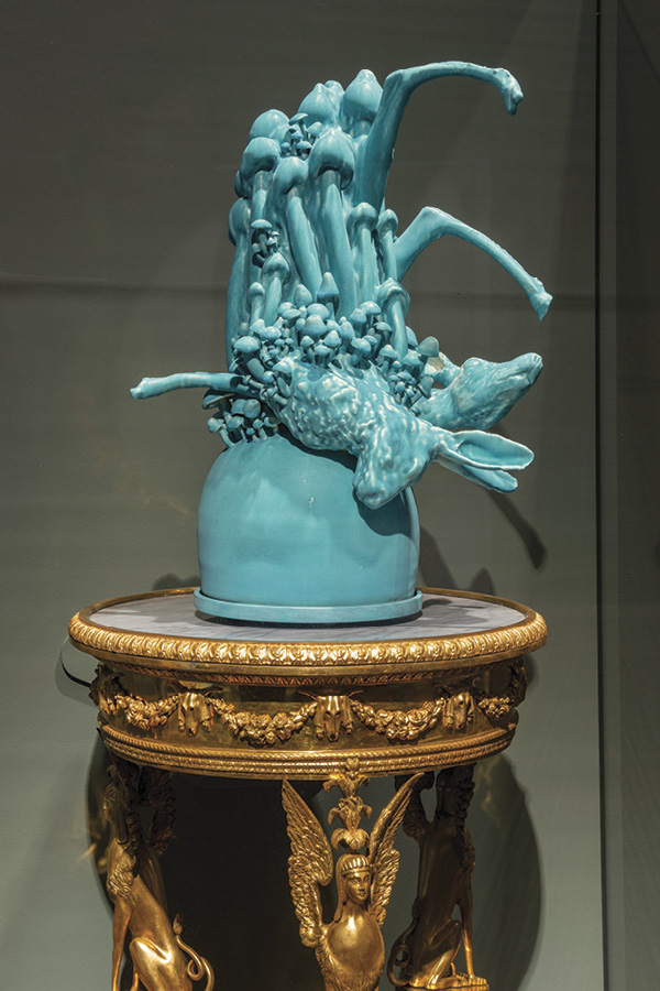 7 Elkington Crunch, 20 in. (50.8 cm) in height, porcelain, fired to cone 8 in an electric kiln, shown on tripod by Elkington & Company, circa 1883 (collection of Cincinnati Art Museum), 2020. Photo: Rob Deslongchamps for the Cincinnati Art Museum.