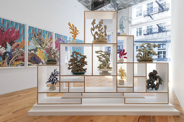 8 Architecture for the Theater of Behavior, 9 ft. (2.7 m) in width, 2022, stoneware, fired to cone 8 in an electric kiln, underglaze transfers, solid-color decals fired to cone 018 in an electric kiln, wood, water-jet-cut aluminum, 2022. Photo: Justine Hill for Denny Gallery.